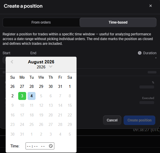 The Create a position dialog on the Time-based tab, with a calendar for choosing the start date; days that have trades are marked green