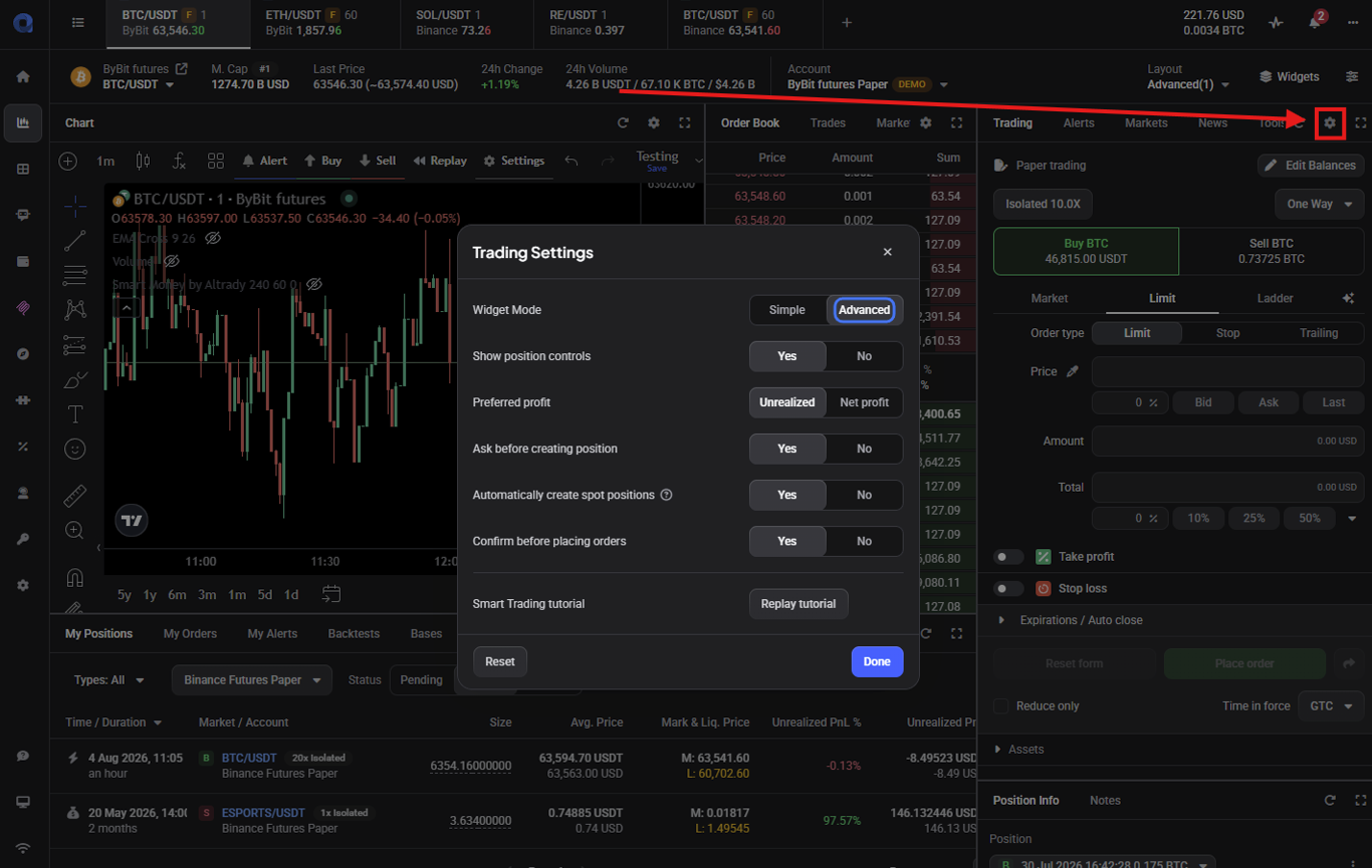 The Trading widget settings menu open from the cog icon, showing all the options: Widget Mode, Show Position Controls, Preferred profit, Ask before creating position, Automatically create spot positions, Confirm before placing orders, Smart Trading Tutorial, and Reset.