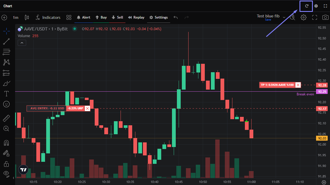 The resync arrow on a position, used to pull the latest fills from the exchange.