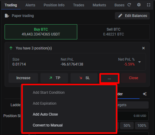 The position controls bar (Increase, TP, SL, 3-dot menu, Close) with the 3-dot menu open, showing Add Start Condition, Add Expiration, Add Auto Close and Convert to Manual