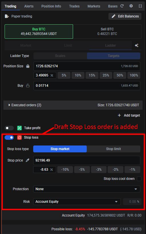 The draft stop-loss order added by SL, with stop type, stop price, protection mode and risk