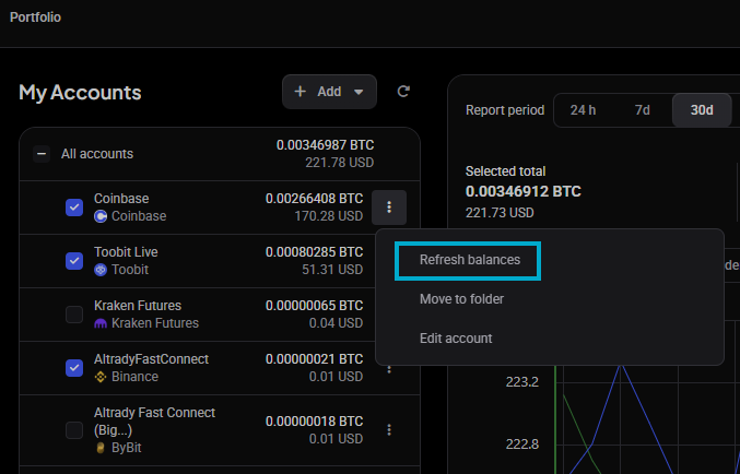 The Refresh balances button on an account in the Portfolio accounts sidebar.