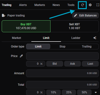 The Resync icon in the top right of the Trading widget.