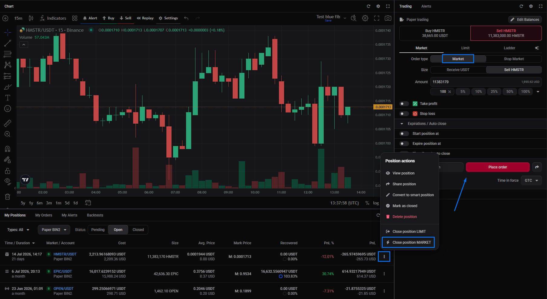 Closing a manual position at market: the pre-filled close order in the trading widget with the Market tab selected.