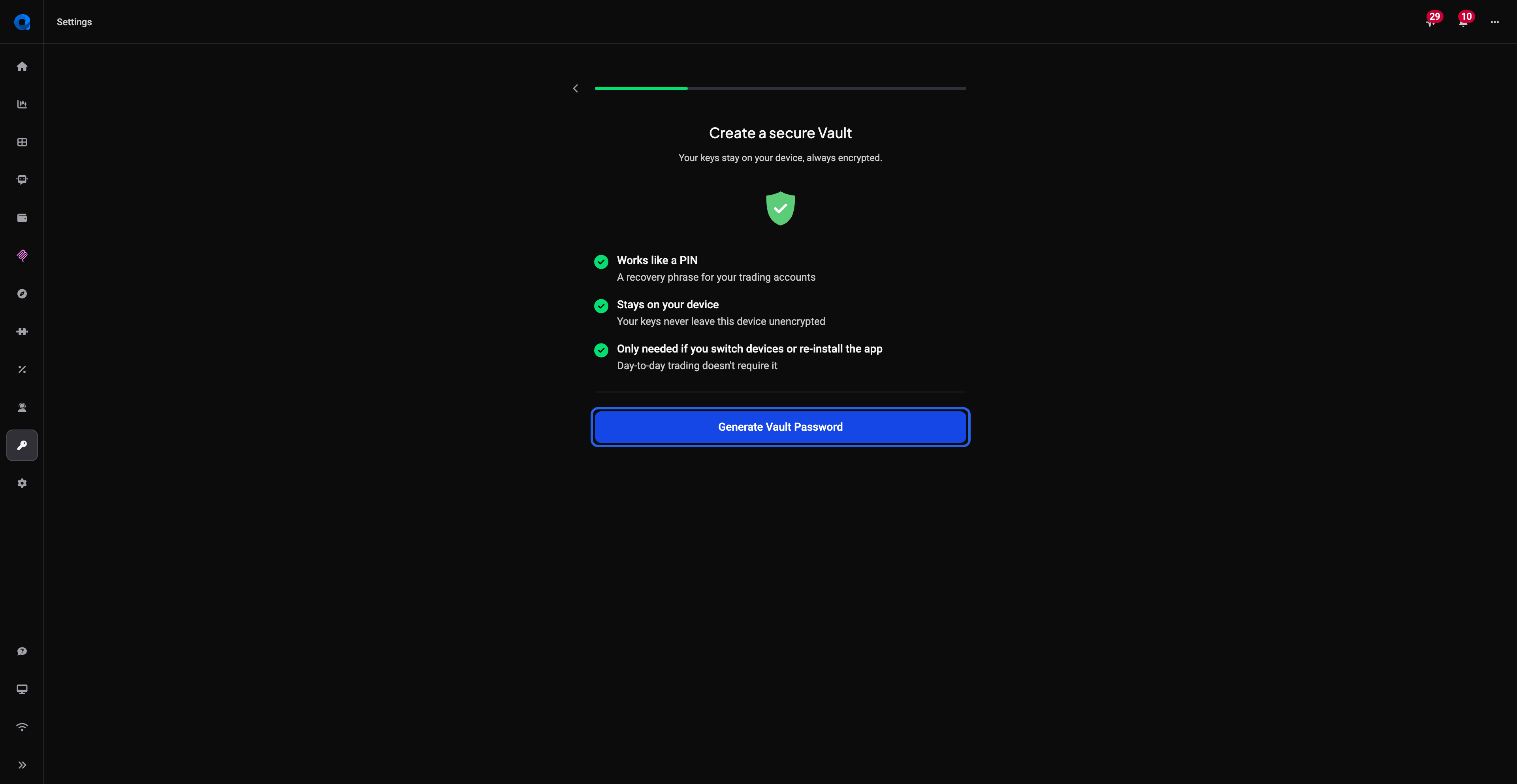 Generate Vault Password screen