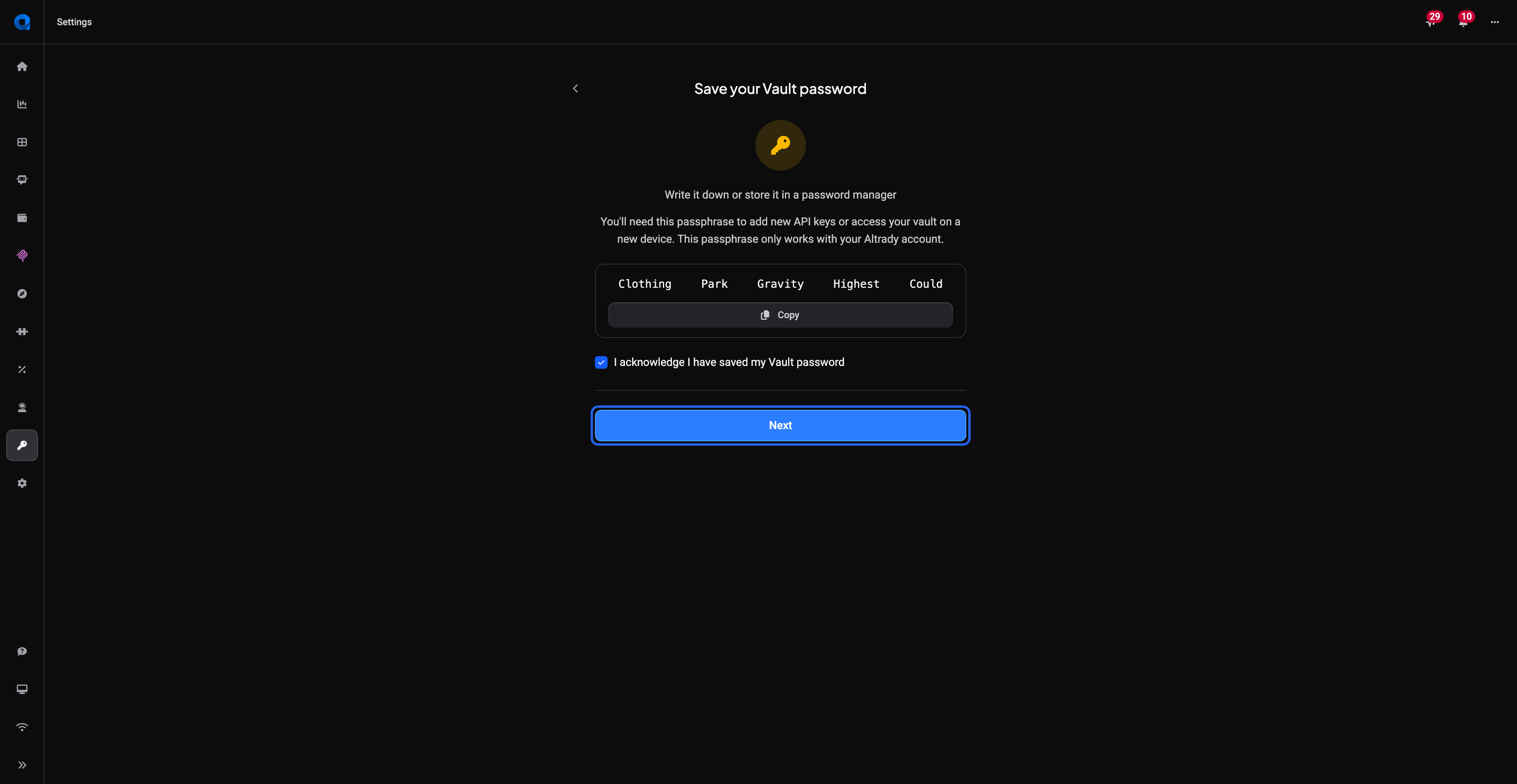 Acknowledged checkbox and Next button