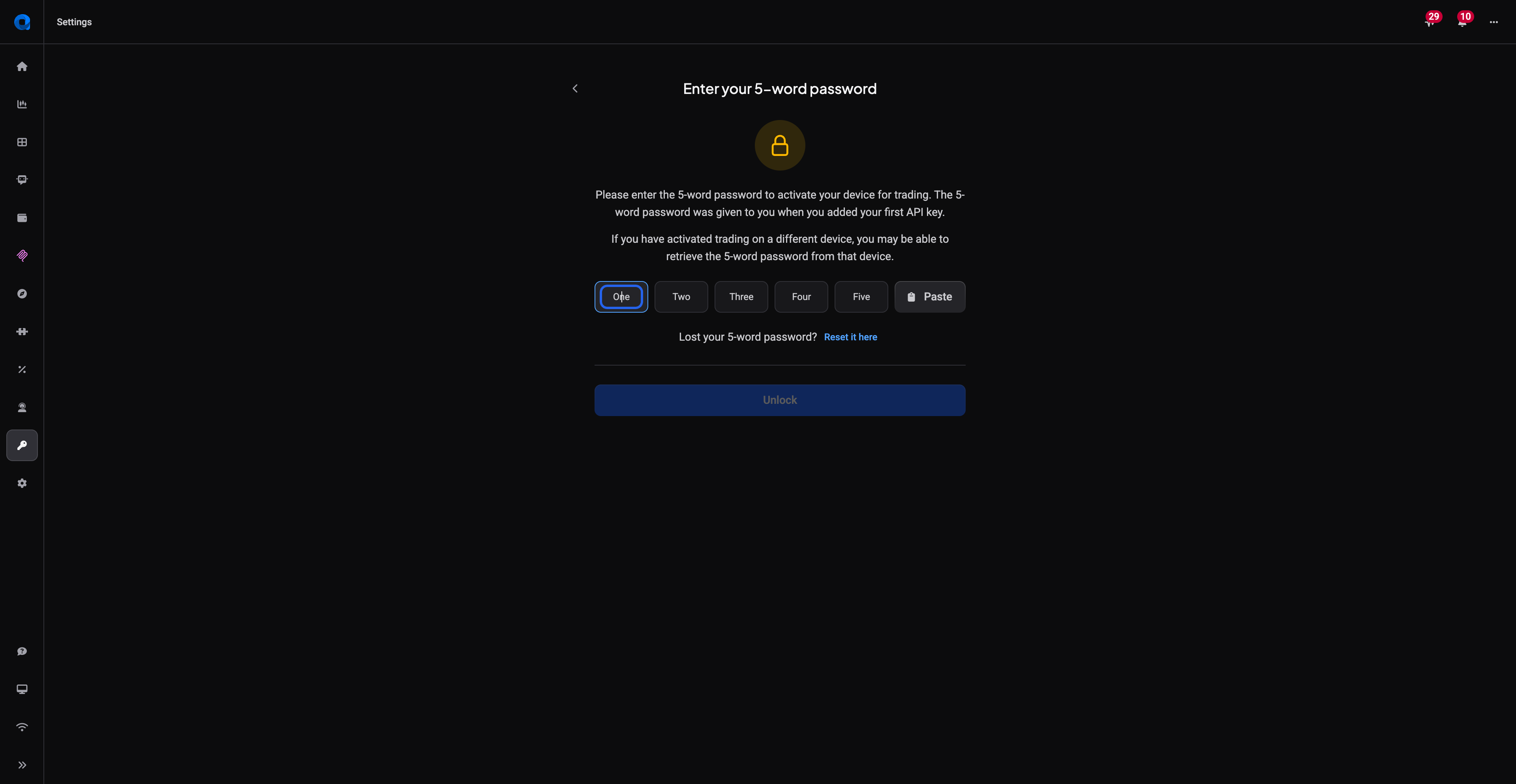 Unlock prompt asking for the 5 words