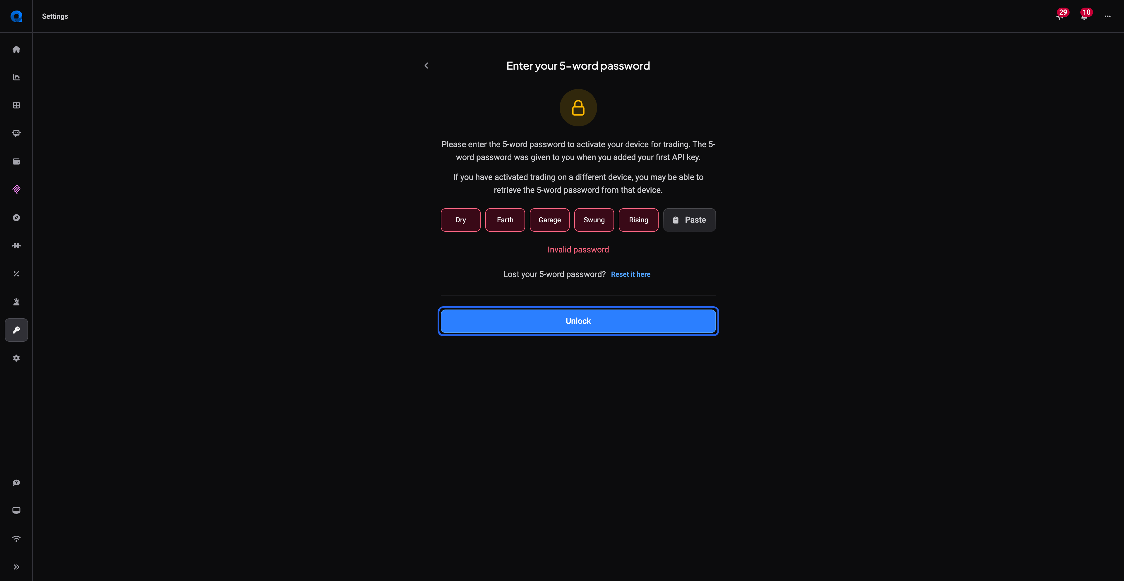 Invalid password state showing red word boxes
