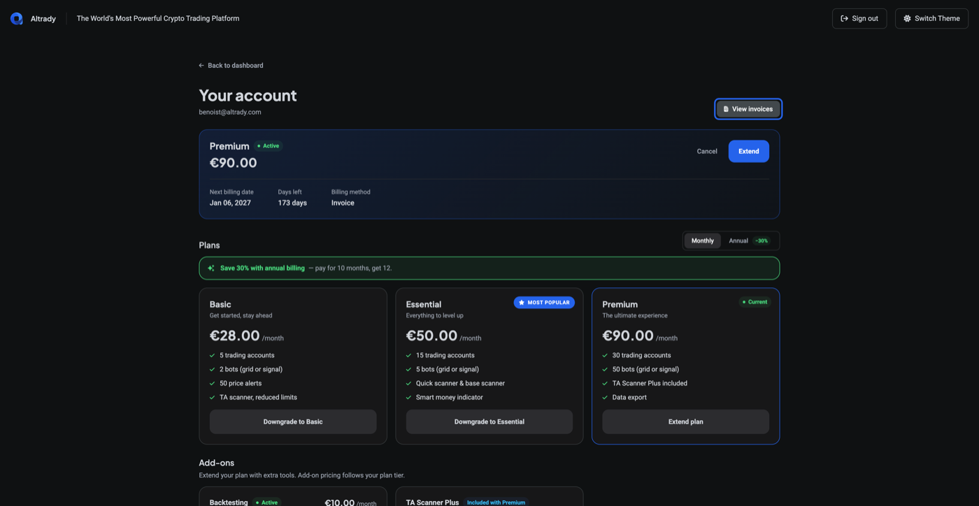 Your account page showing current plan (Premium), price, active status, next billing date, days remaining, billing method, and the Cancel/Extend controls, plus the full plan comparison grid for upgrading or downgrading.