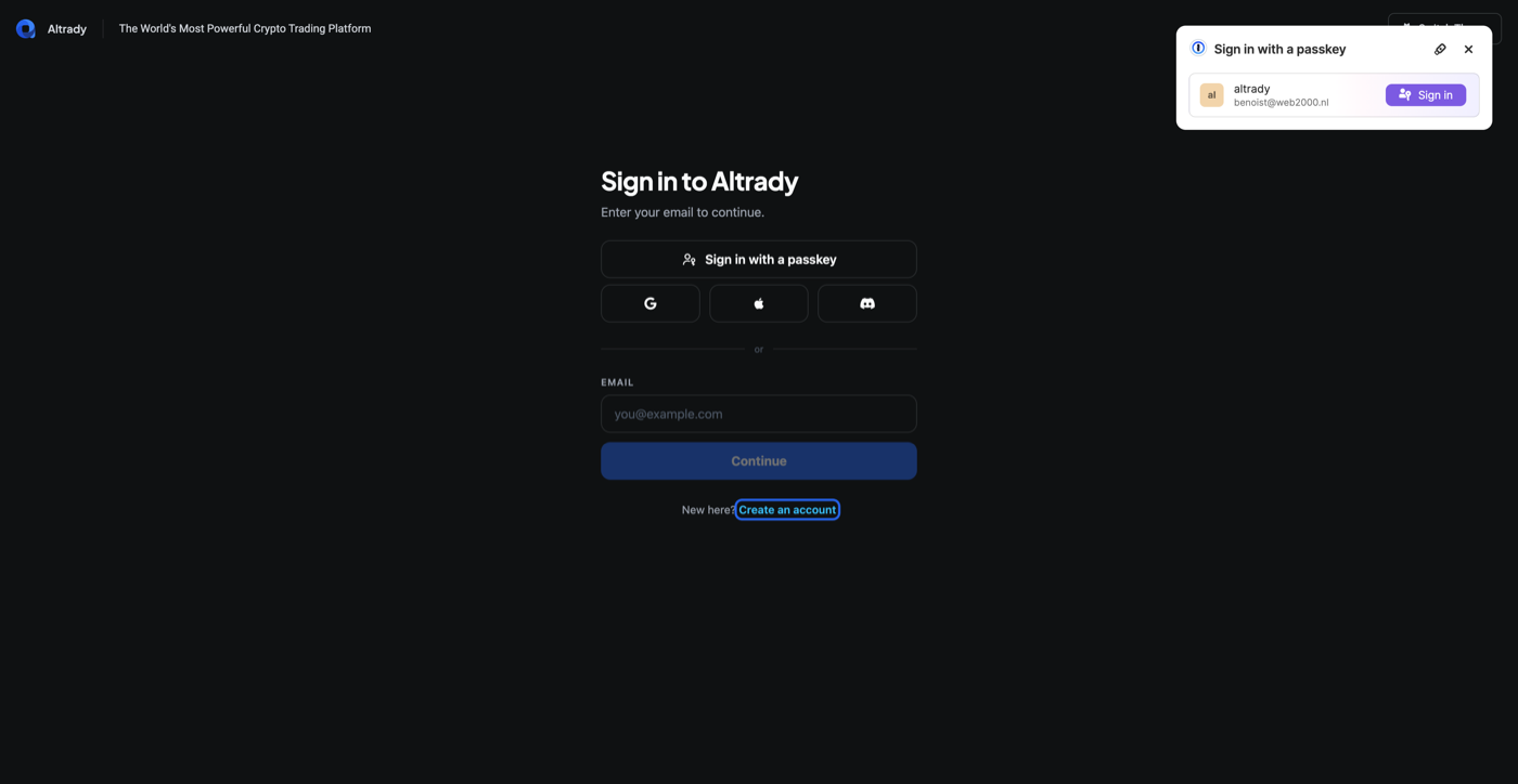 Altrady sign-in screen with a browser passkey autofill popup open, offering to sign in with a saved passkey.