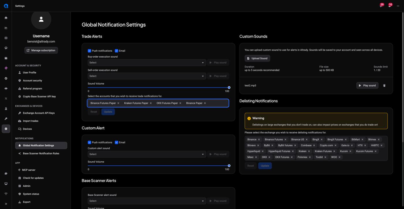 Global Notification Settings page: Trade Alerts panel with push/email toggles, buy/sell execution sounds, volume slider, and Custom Sounds upload on the right