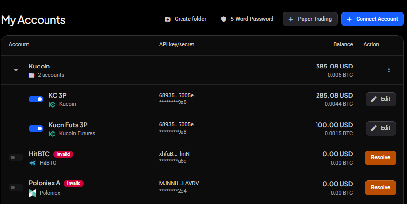 Exchange account connection screen showing an API key in a disabled or error state with the reconnect control visible