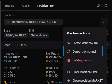 Converting a smart position to a manual one from the position’s menu.