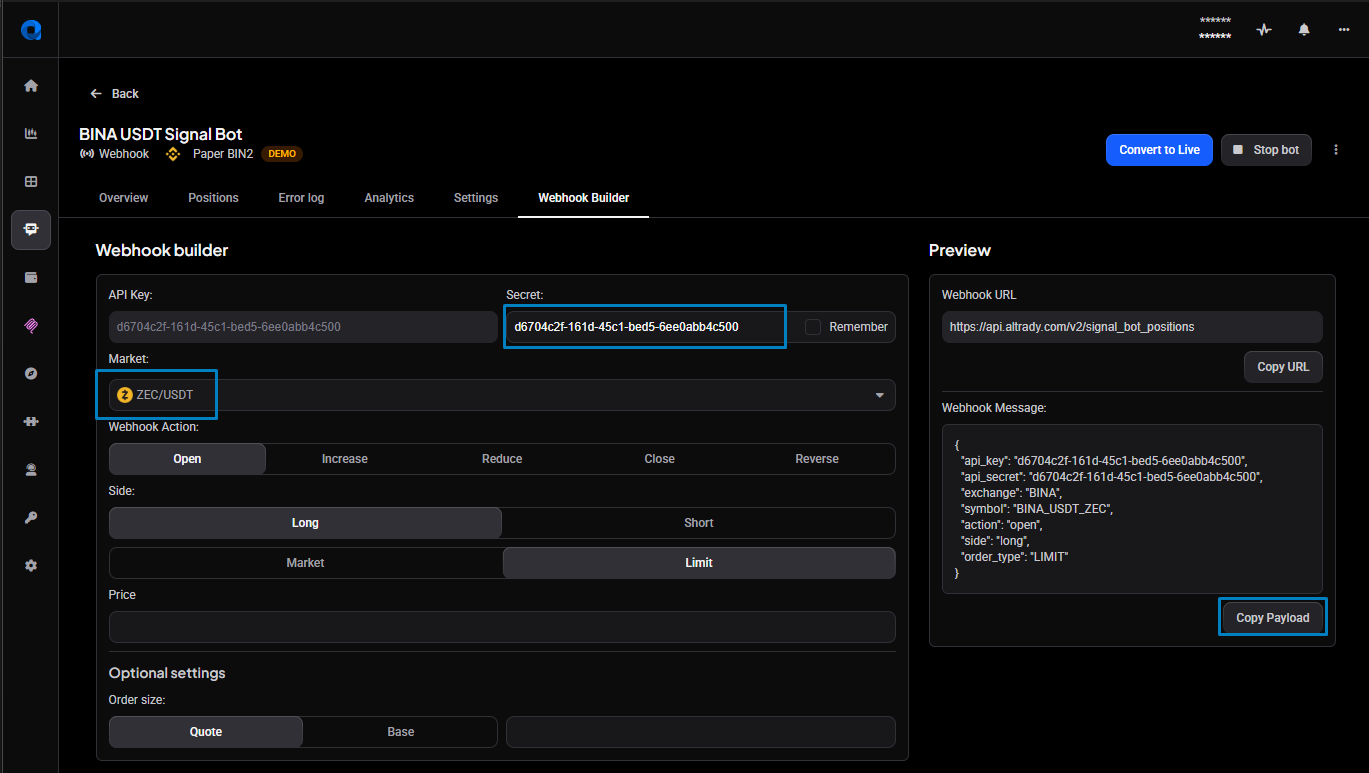 A Webhook signal bot’s settings page with the Webhook Builder panel open on the far right, showing the generated JSON payload including api_key and api_secret fields.