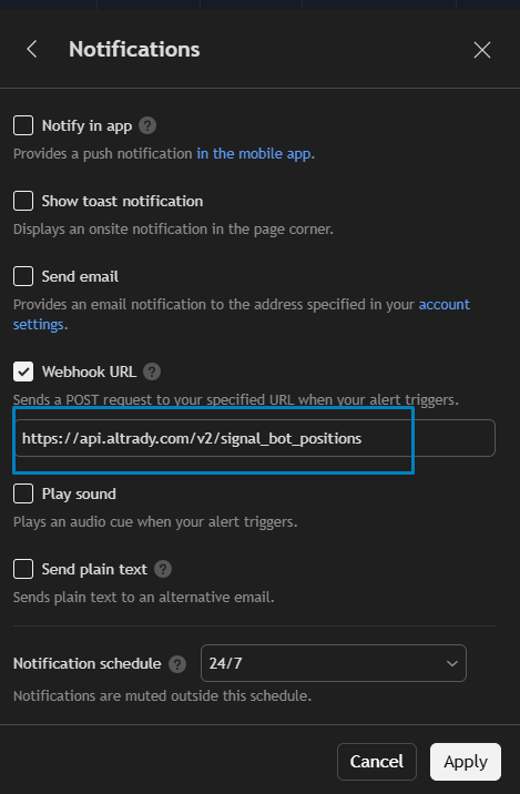 TradingView’s Create Alert dialog with the Webhook URL option enabled, the Altrady webhook URL pasted in, and the JSON message box filled in below.