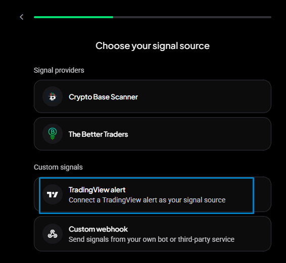 The “Choose your signal source” step, with TradingView alert selected (Custom webhook is the option for non-TradingView senders).