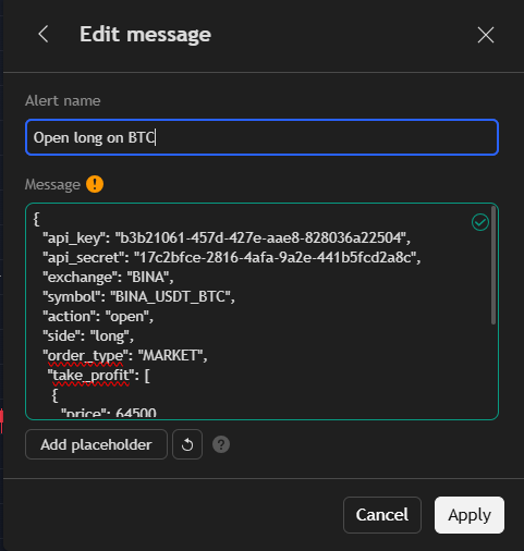 TradingView’s Edit message box with the Altrady webhook JSON pasted in (api_key, api_secret, exchange, symbol, action, side, and the exit plan).