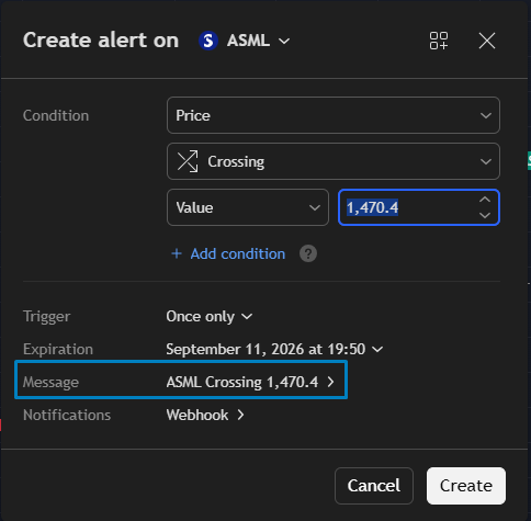 TradingView’s Create Alert dialog, with the Message field highlighted — where the Altrady JSON payload goes.