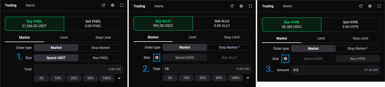 Market-order size options vary by exchange. 1. This exchange accepts either currency — choose Spend (quote) or Buy (base). 2. Only the quote-currency amount is accepted — enter a Total. 3. Only the base-currency amount is accepted — enter an Amount.
