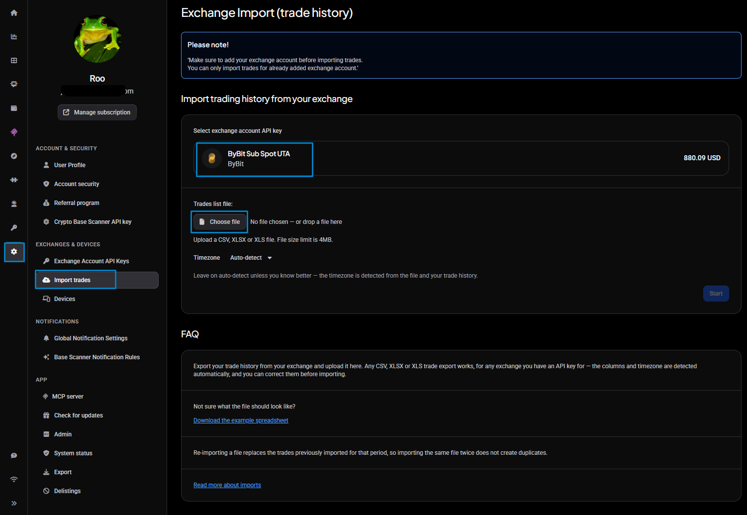 The Exchange Import (trade history) page, reached from Settings → Import trades: pick the exchange account API key, upload a CSV, XLSX or XLS trade file, leave the timezone on Auto-detect, and select Start.