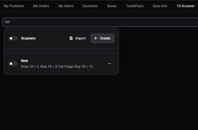 TA Scanner dropdown open showing the scanners panel with Import and Create buttons