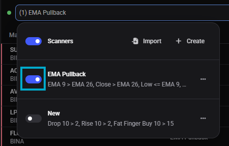 TA Scanner strategy dropdown open, showing the per-strategy toggle switches and the “Off” label state when all strategies are disabled.