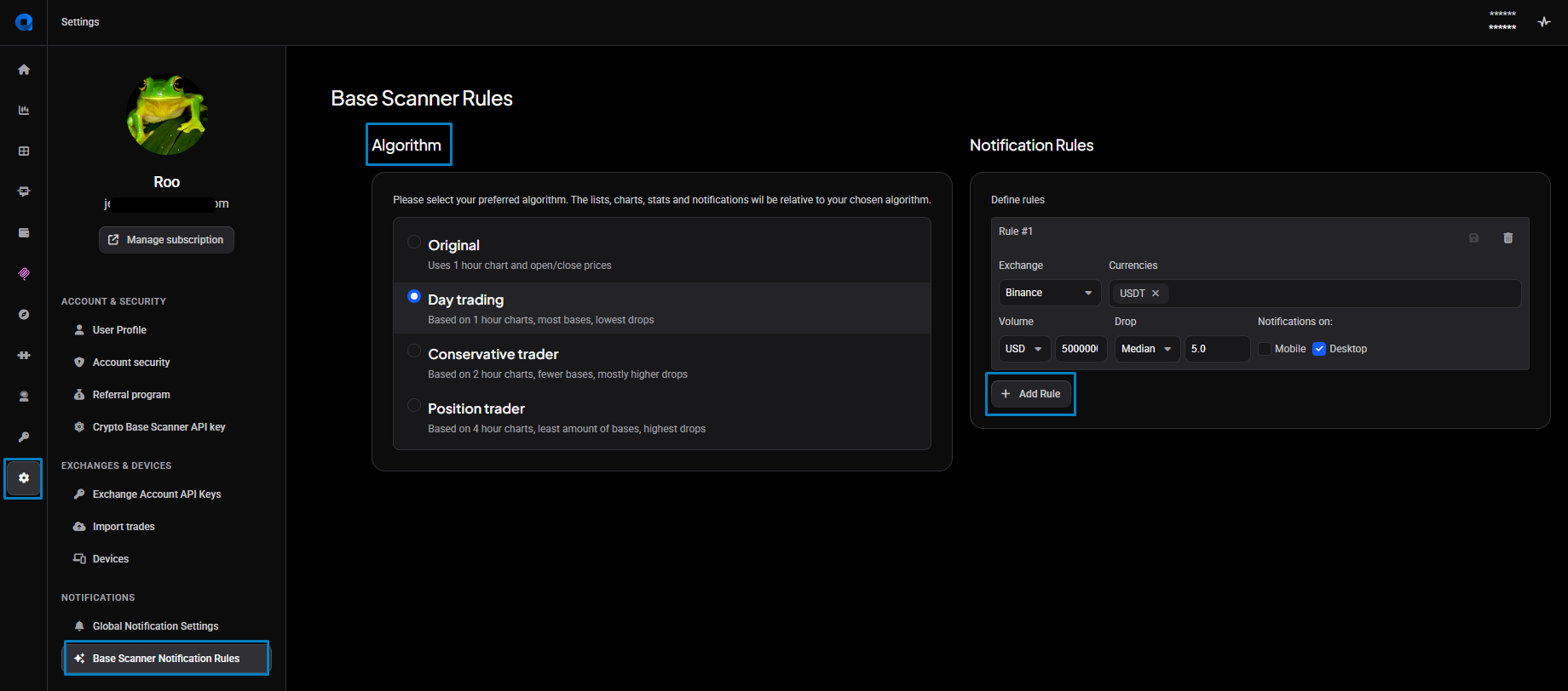 The Base Scanner Notification Rules page: choose your Algorithm on the left, then Add Rule on the right and set the rule’s Exchange, Currencies, Volume, Drop (Fixed or Median) and Mobile/Desktop delivery.