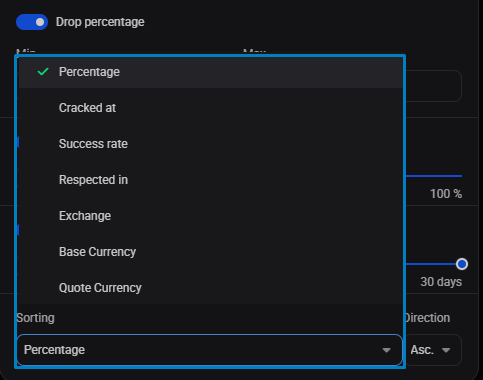 Filter popover scrolled to the bottom showing the Sorting dropdown and Direction dropdown with their option lists visible.