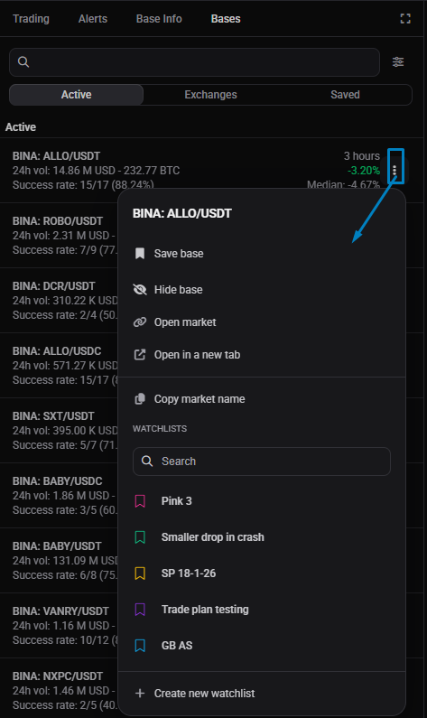 The 3-dot menu open on a base row in the Bases widget, with the Save base and Hide base options.