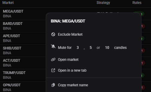 Right-click context menu on a TA Scanner alert row showing Exclude Market, Mute for 3/5/10 candles buttons, and Unmute option.