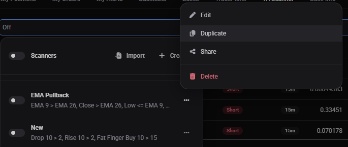 Strategy preset menu open showing Duplicate and Share options, and the Share dialog with copy link / download file.