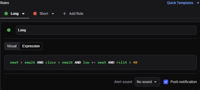 Rule editor toggled to Expression mode showing a typed formula like ema9 > ema26 AND rsi14 > 40, with the Visual/Expression toggle visible.