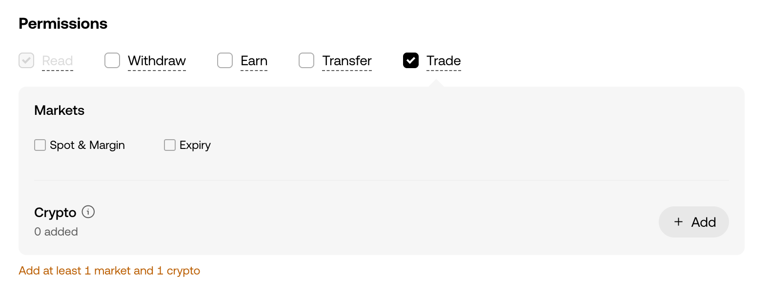 OKX Trade-permissie met de Markets-opties en de Crypto-lijst met de knop Add
