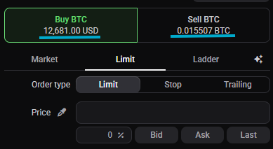 Trading terminal order ticket for a pair like BTC/USDT, showing the amount field with its base/quote currency toggle or unit label visible.