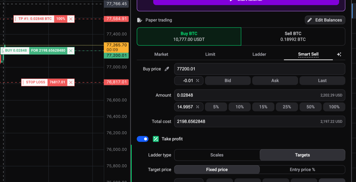 Trade form with the Smart Sell tab selected, showing Buy price, Amount and Total cost fields for coins bought elsewhere