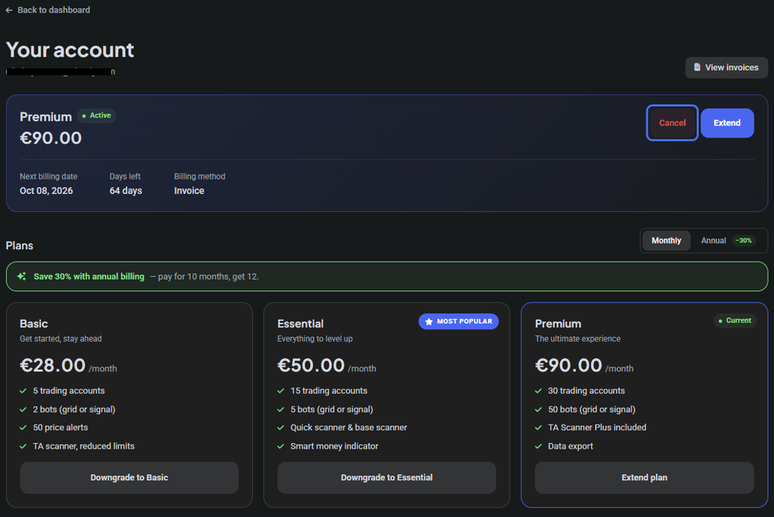 Settings sidebar with the ‘Manage subscription’ link under your profile; click here to get to your account/billing page.