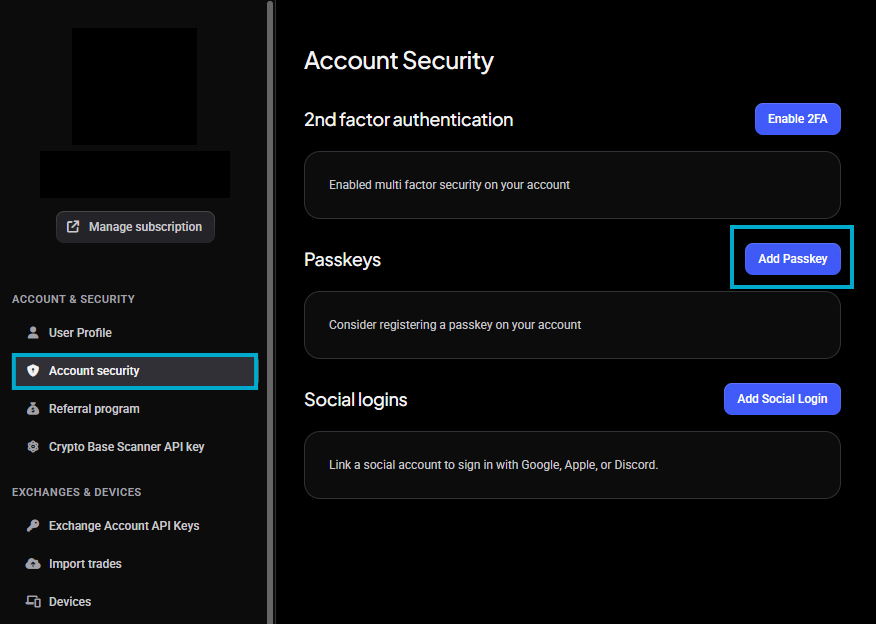 Settings > User Profile page with the Account security sidebar link highlighted.