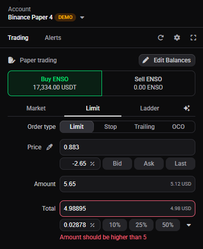 Order form showing an inline validation error, such as “Insufficient balance” or “Amount should be higher than X”, displayed directly in the order form before submission.
