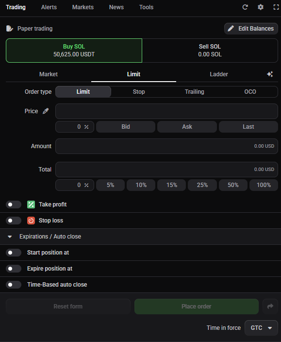 Trading widget in the trading terminal
