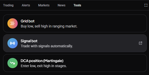 Tools widget showing Grid Bot, Signal Bot, and DCA Position options