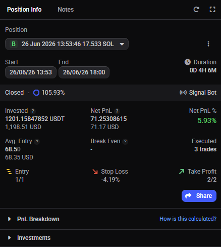 Position Info widget showing summary analytics and PnL breakdown