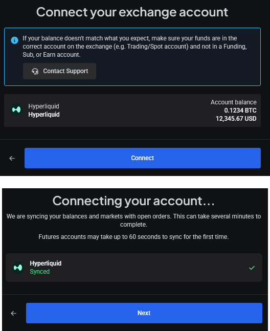 Connect-exchange flow showing the sync status indicator states: ‘Syncing account…’, ‘Synced’, and ‘Sync failed’ badges as they appear on an account card.