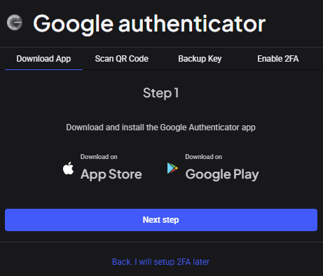 Account Security 2FA setup screen showing the four tabs (Download App, Scan QR Code, Backup Key, Enable 2FA) with the QR code visible on the Scan QR Code tab