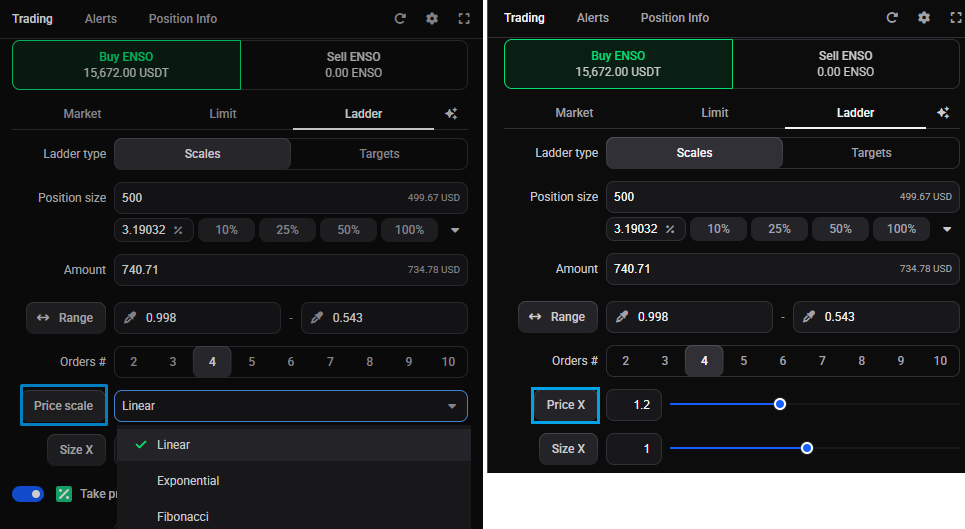 The Scales ladder’s price spacing options: the Price scale dropdown open on Linear, Exponential and Fibonacci (left) and the Price X multiplier with its slider (right).