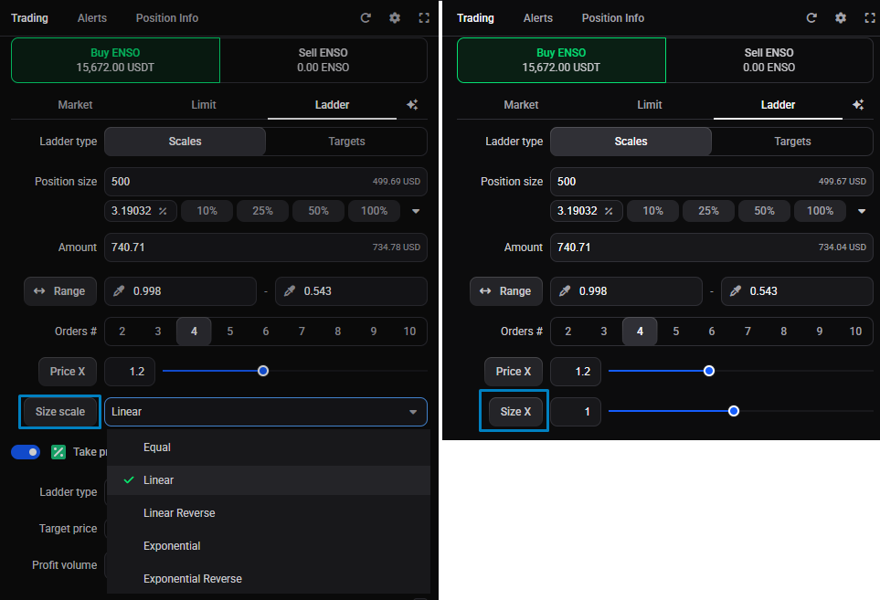 The Scales ladder’s size options: the Size scale dropdown open on Equal, Linear, Linear Reverse, Exponential and Exponential Reverse (left) and the Size X multiplier with its slider (right).