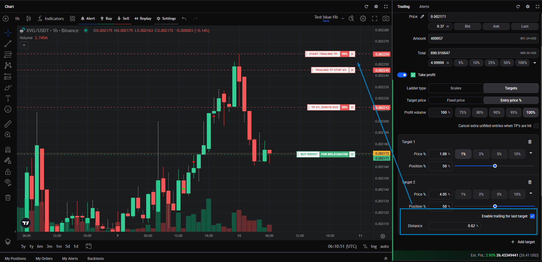 The Trailing take profit option in the Trading widget’s order form