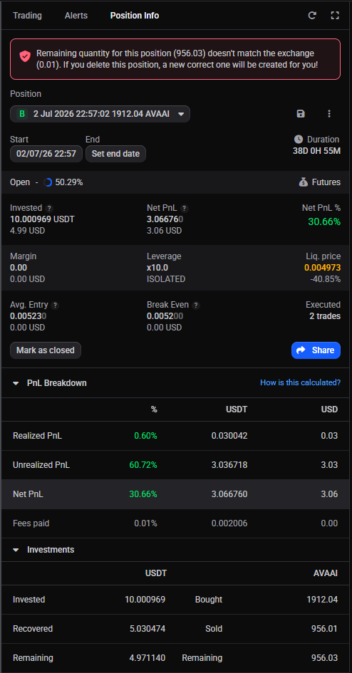 The Position Info widget on a futures position, flagging that the position’s remaining amount doesn’t match the exchange’s open amount.