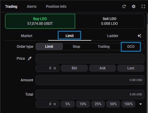 Limit order form’s Order Type selector showing the tab row (Limit, Stop, Trailing, OCO) so a reader can see exactly where the order type switch lives.