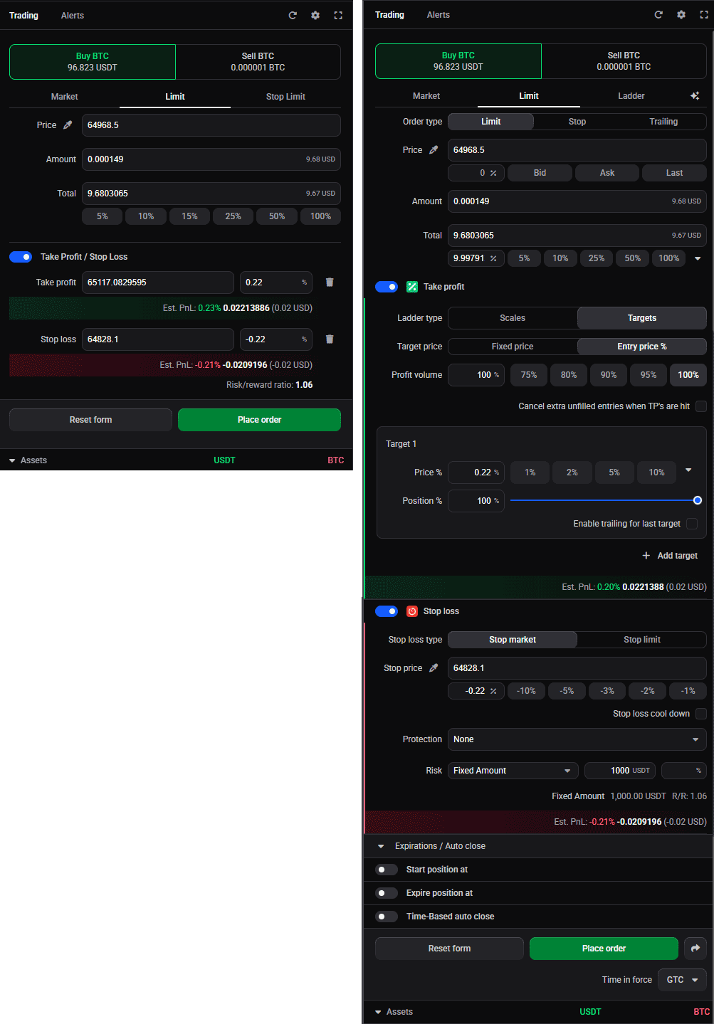 The trade widget order form shown in Simple mode and in Advanced mode side by side (or two captures), so readers can see what Advanced adds. Include the Widget Mode toggle in the settings if it fits.
