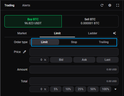 Trading widget with the Limit tab selected, showing the Limit/Stop toggle and the Stop Price field when Stop is chosen.